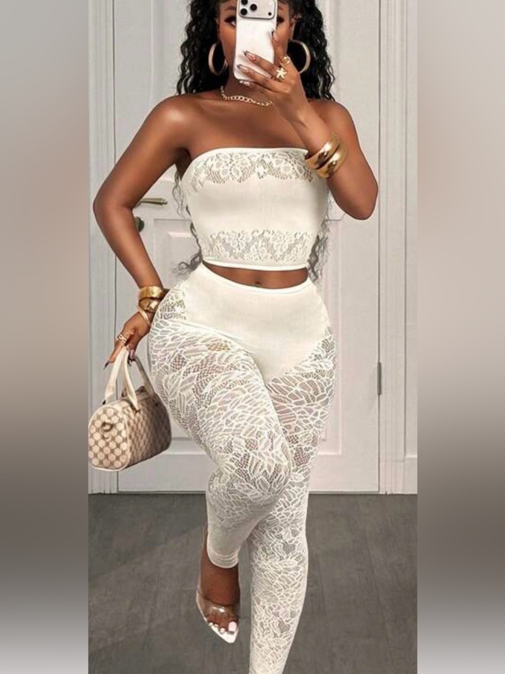 Women’s Lace High-Waist Leggings and Tube Top Set - White